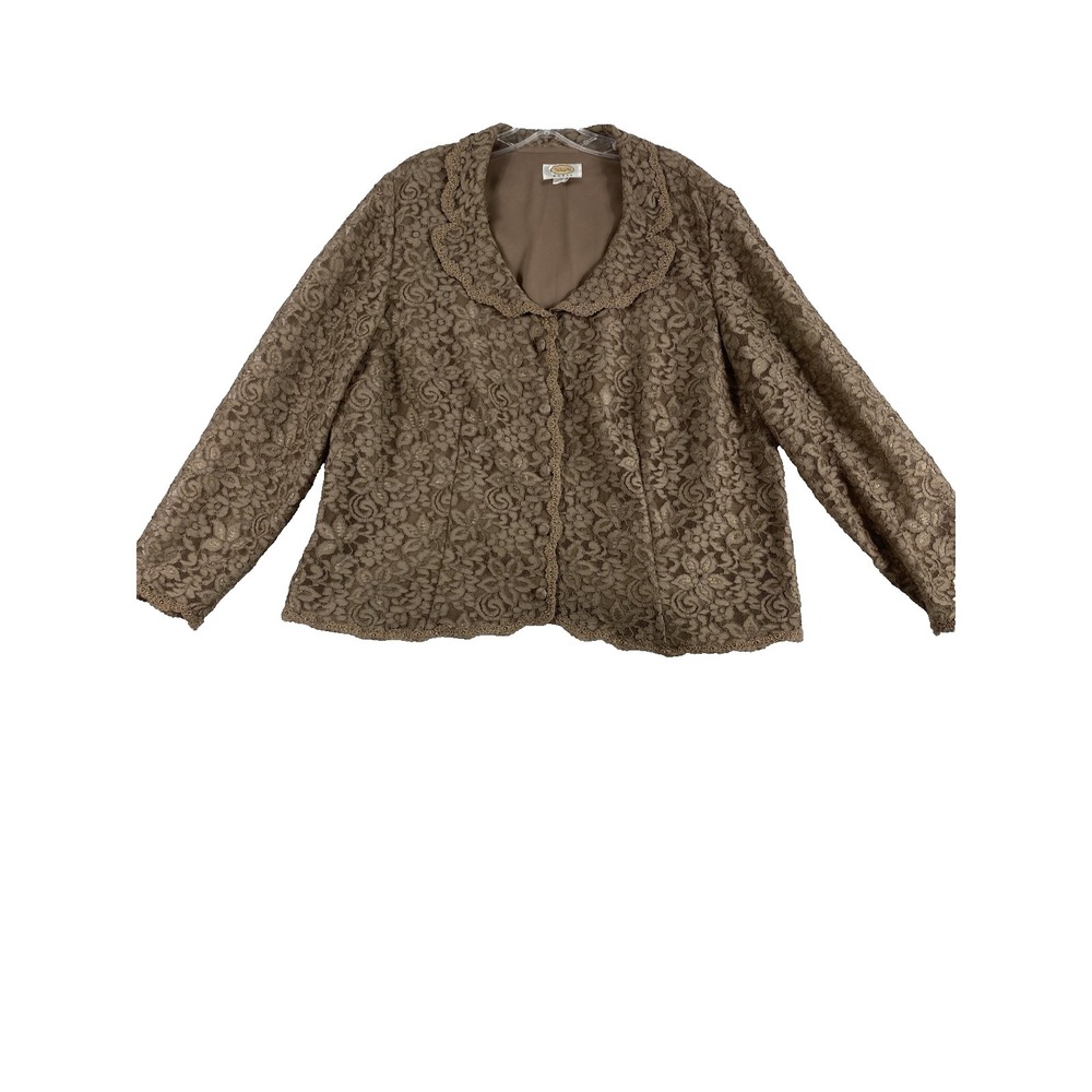 2/$30 Talbots Blouse Top Shirt Sz 18W Brown Lace Overlay Mother of Bride Dressy